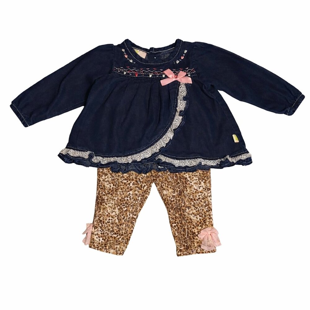 Duck Duck Goose Baby Girl 2Pc Outfit 6-9M Denim Tunic Leopard Leggings